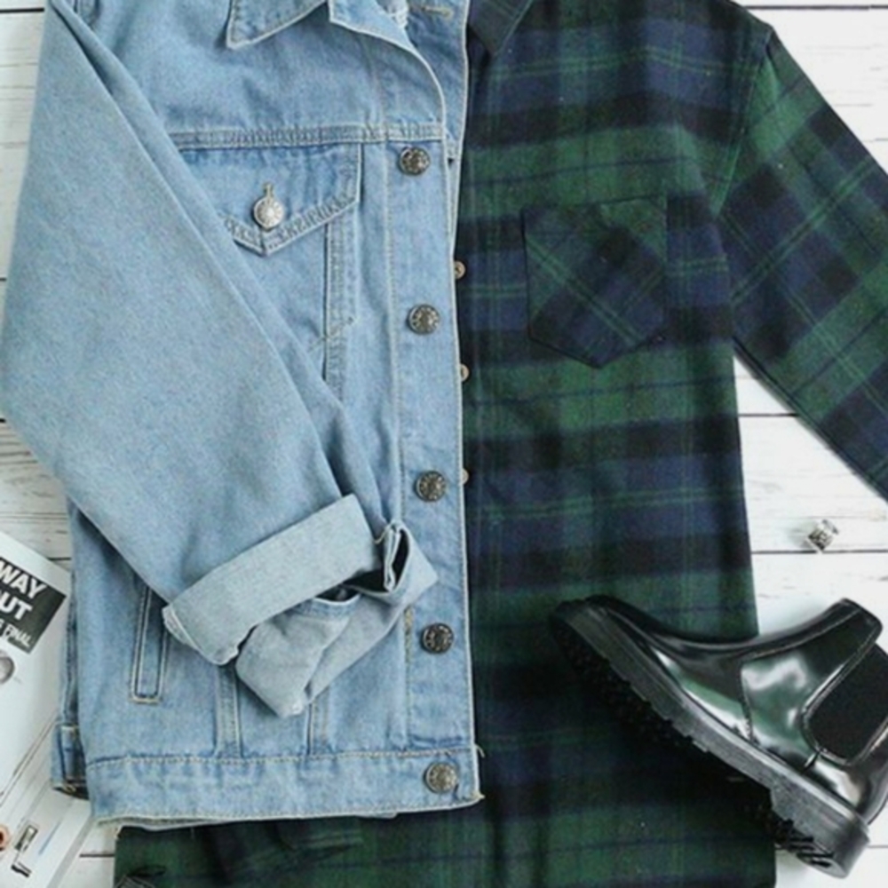 Bright‎ blue and green plaid flannel double button mens medium